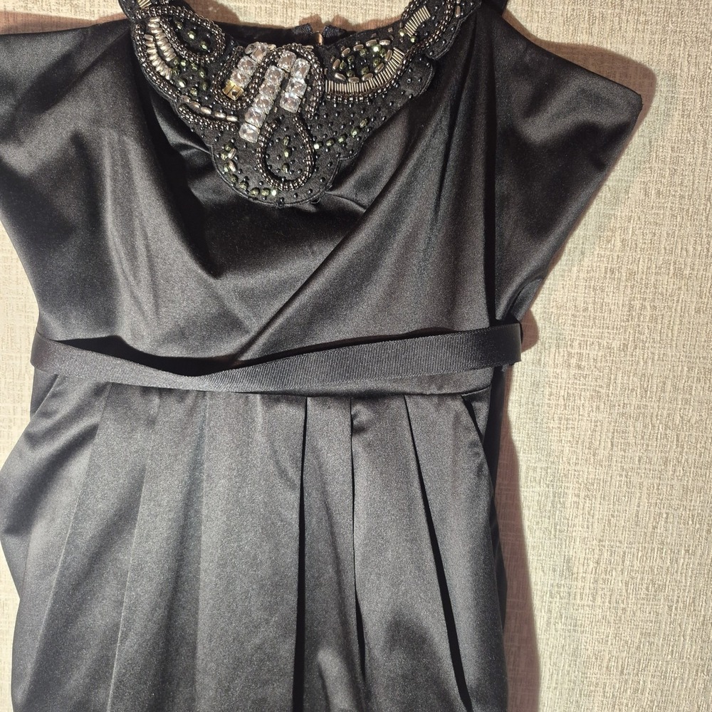 David's Bridal Intrigue Black Satin Beaded Cocktail DressMidi Size 6 NWT